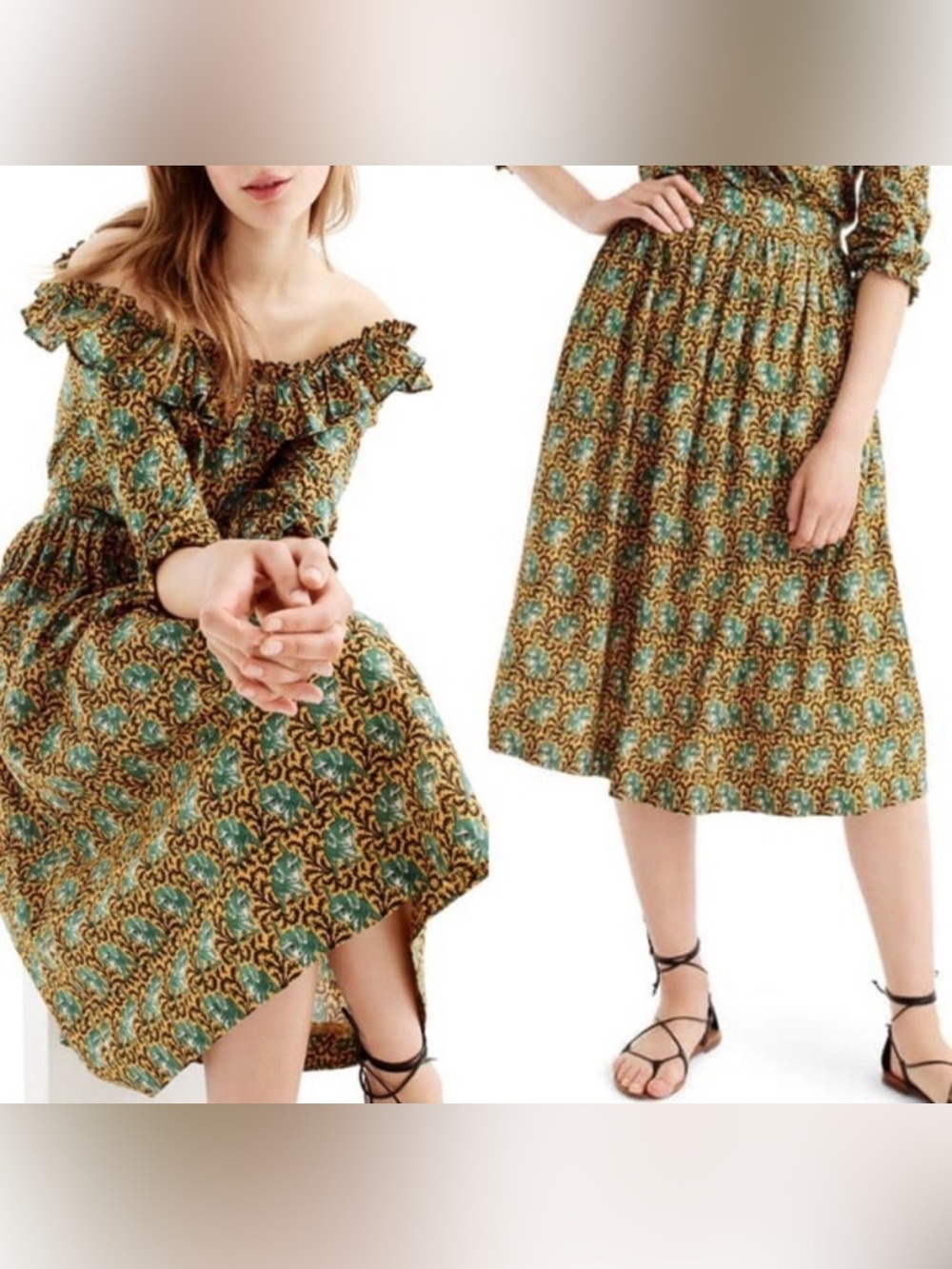 J. Crew Ratti Elephant Print Cotton Pleated Midi Skirt Gold, Black & Green - 12P